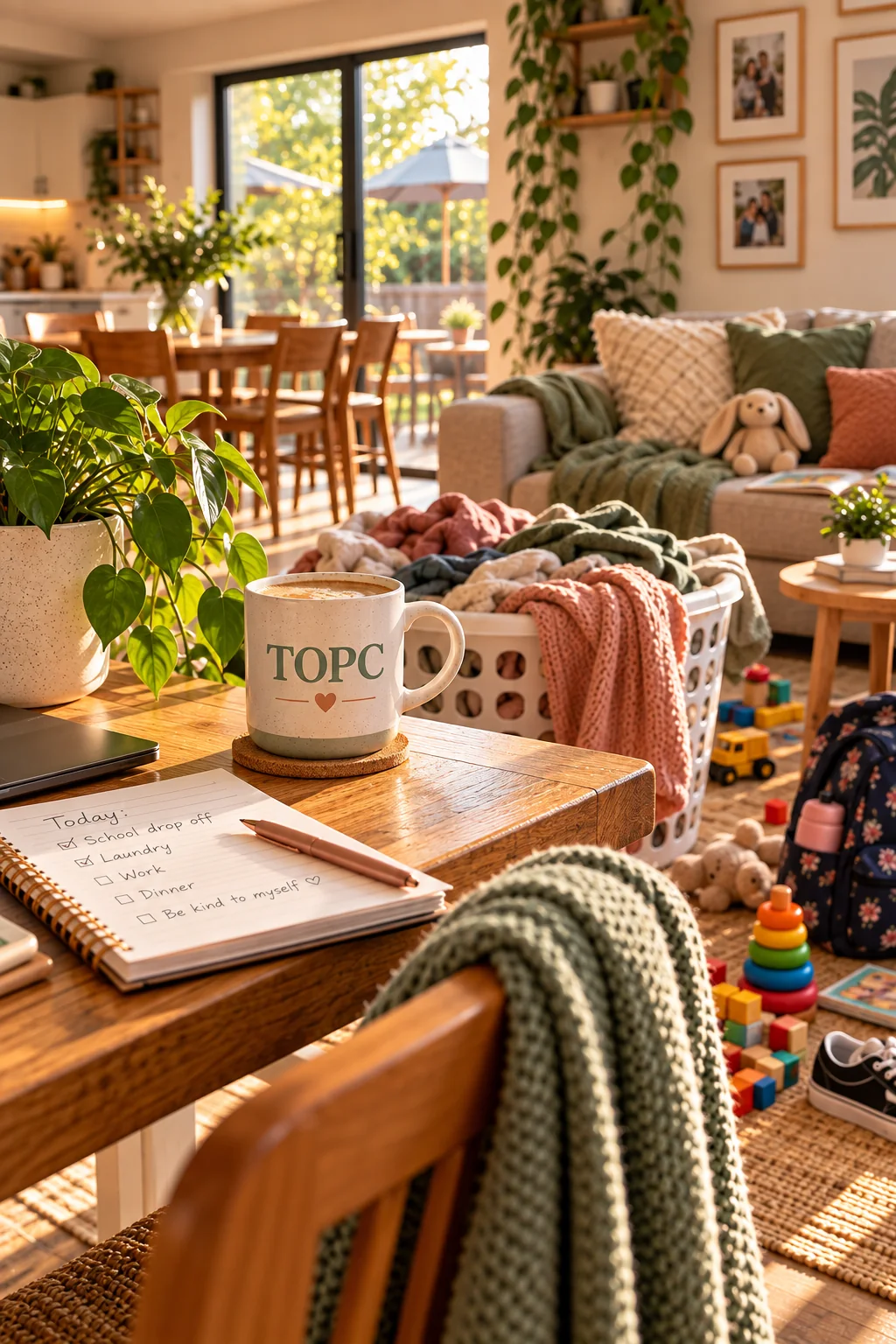 A warm lived-in family home with laundry, children’s toys and a TOPC mug